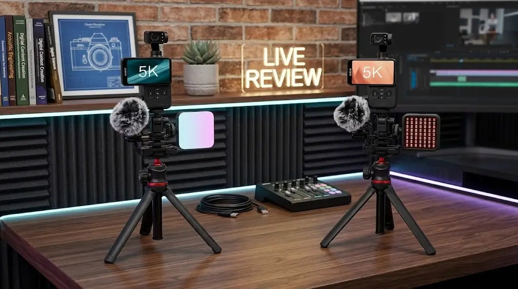 ORDRO M5 Live Streaming Kit with mini tripod, RGB light, and wireless mic on a studio desk.