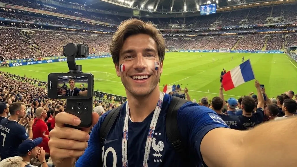 Soccer fan recording a smooth vlog with the stabilized ORDRO Pocket M5 Gimbal Camera inside a World Cup stadium