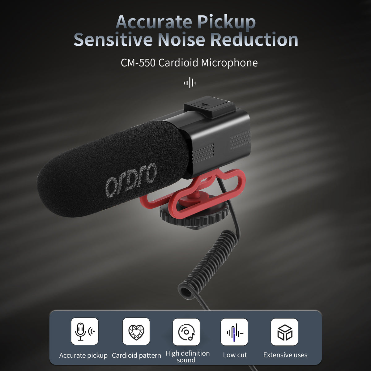 ORDRO CM550 On-Camera Camcorder Microphone for Vlogging YouTube Live Streaming Video Camera Black