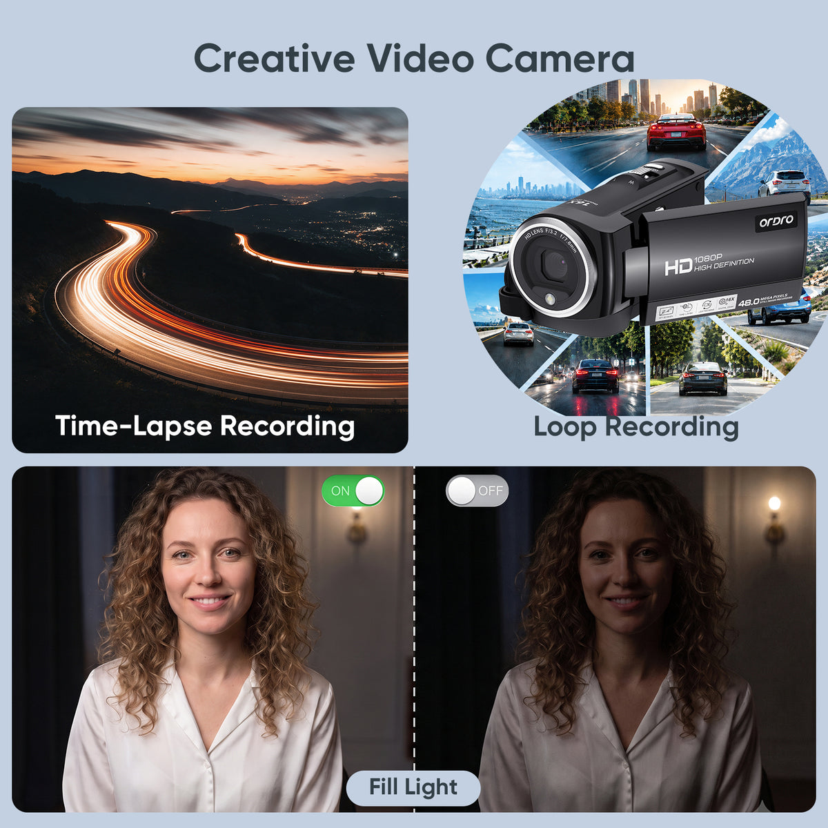 ORDRO Video Camera Digital Camcorder 48MP 16X Zoom Vlogging Camera for YouTube with 16G Card
