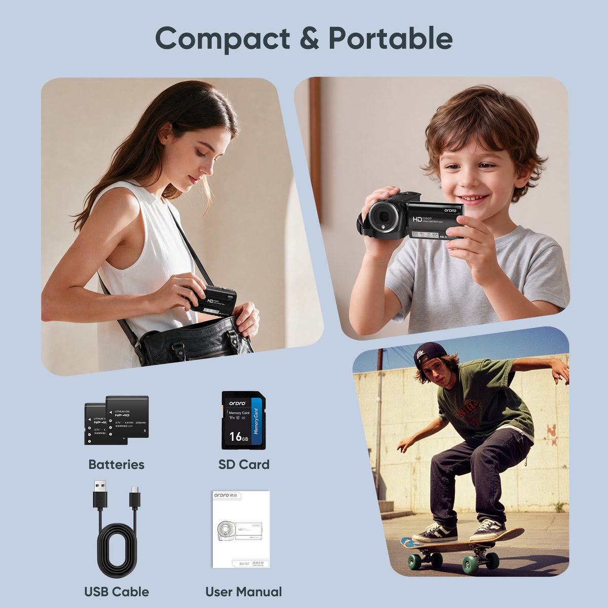 ORDRO Video Camera Digital Camcorder 48MP 16X Zoom Vlogging Camera for YouTube with 16G Card