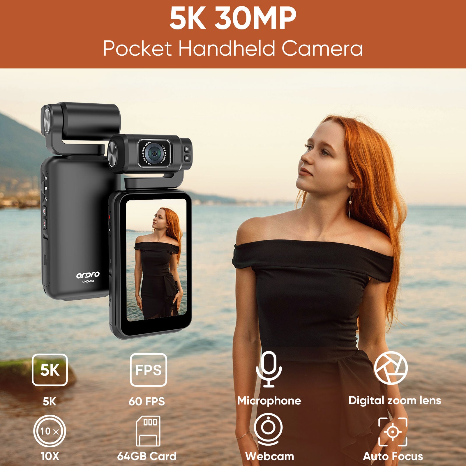 ORDRO M3 5K Video Camera Camcorder WiFi IR Night Vision Handheld Camera 3.5'' Flippable Screen