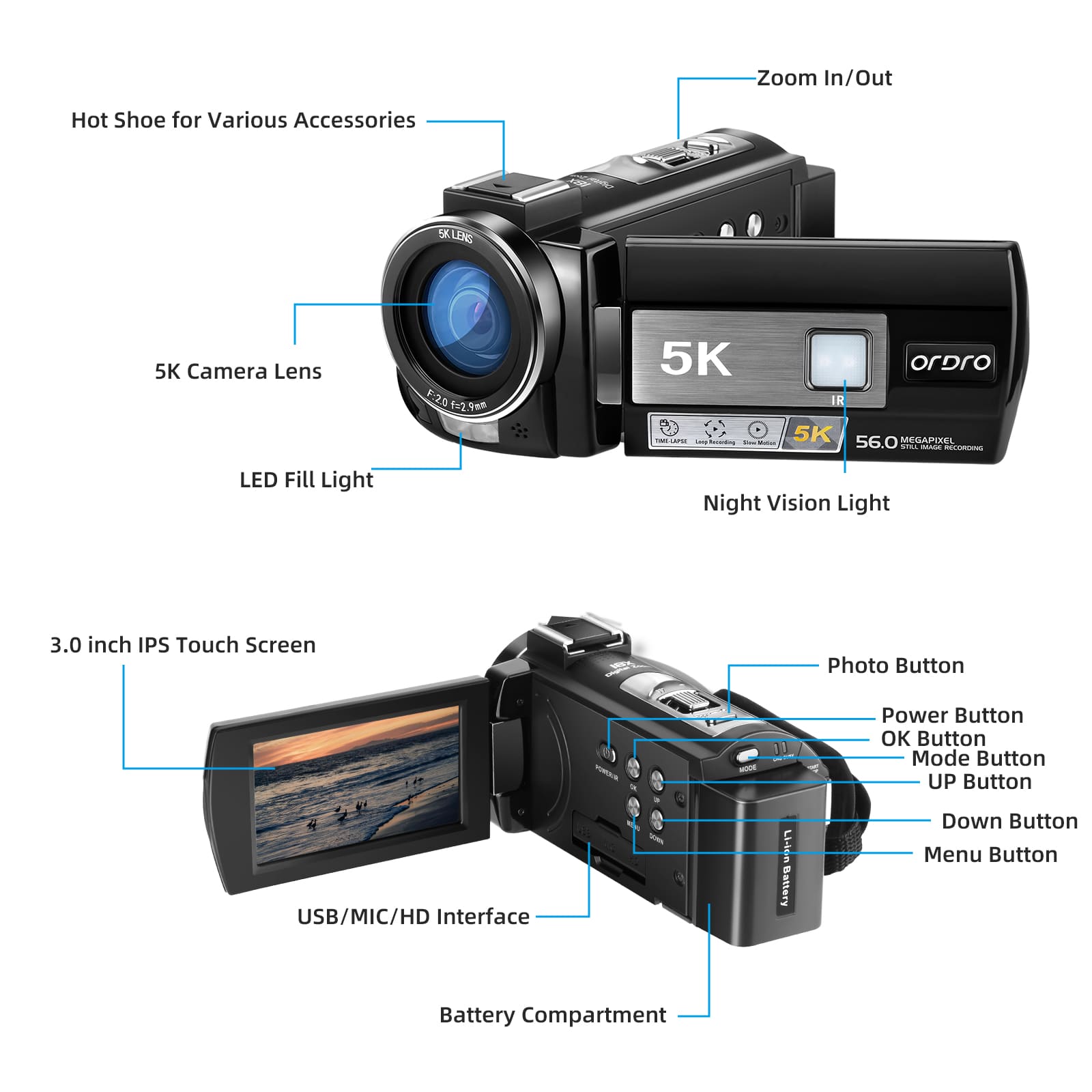 ORDRO 5K Video Camera Camcorder 56MP IR Night Vision Vlogging Camera 18X Digital Zoom + Wide Angle