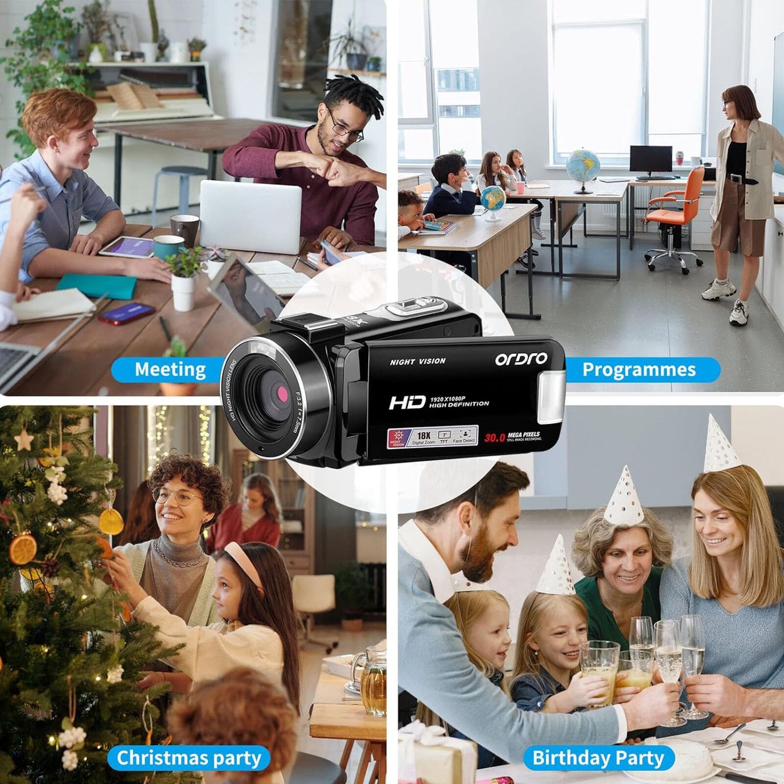 ORDRO Video Camera for Youtube Camcorder 18X Digital Zoom 30MP Vlogging Digital Camera Night Vision