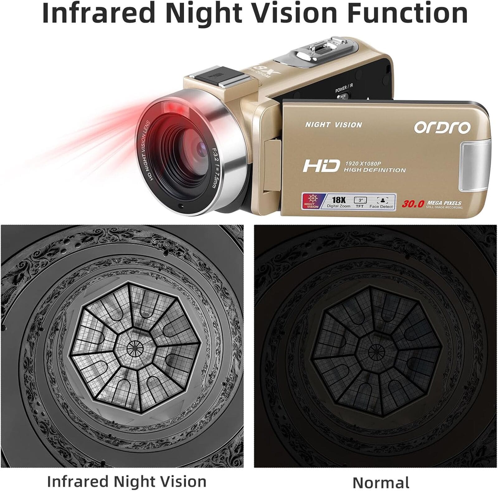 ORDRO Video Camera for Youtube Camcorder 18X Digital Zoom 30MP Vlogging Digital Camera Night Vision