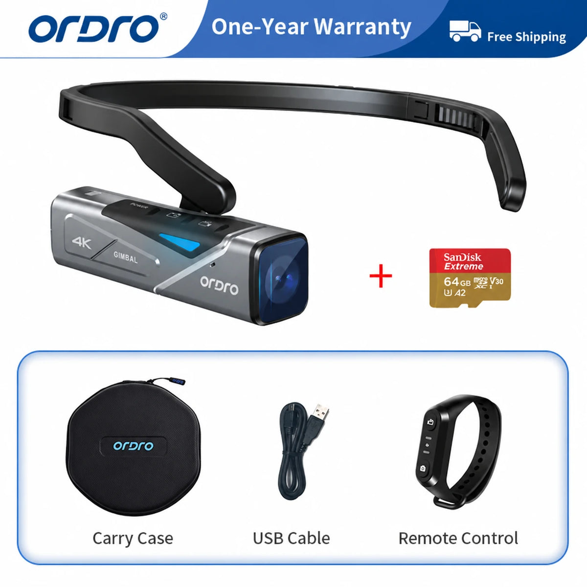 ORDRO EP7 4K gimbal POV camera kit with head mount, 64GB memory card, carrying case, USB cable, and wrist remote control