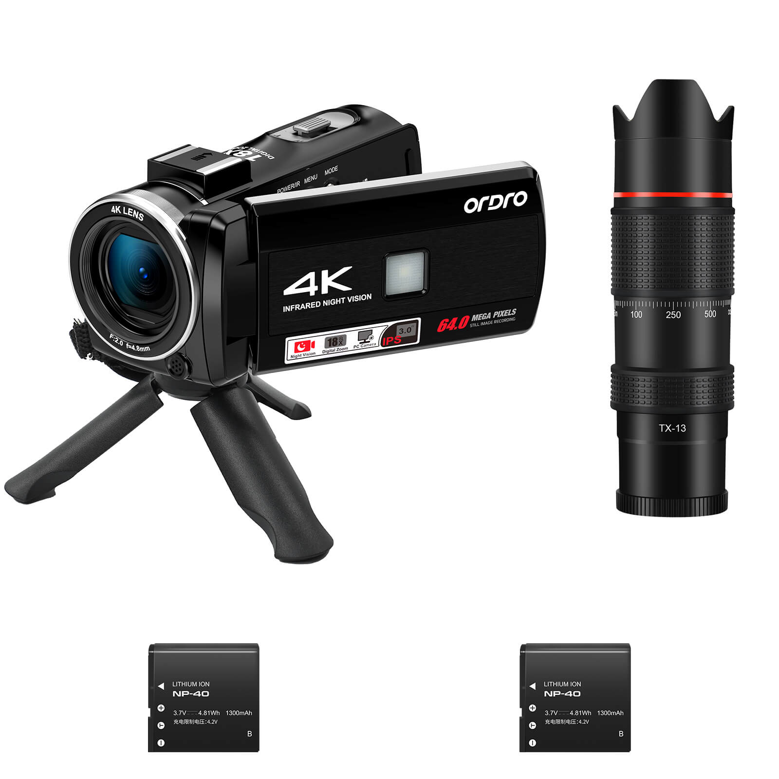 ORDRO Z36 Camcorder Bundle (with Tripod and Telephoto Lens)