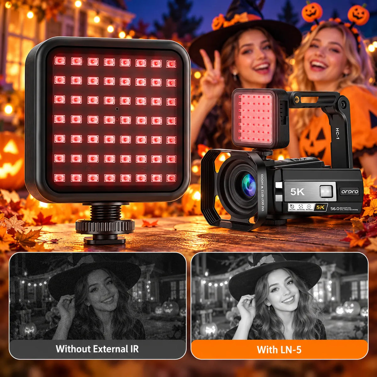 ORDRO LN-5 infrared night vision light with a compatible camcorder and a Halloween costume scene illustrating footage with and without external IR lighting.