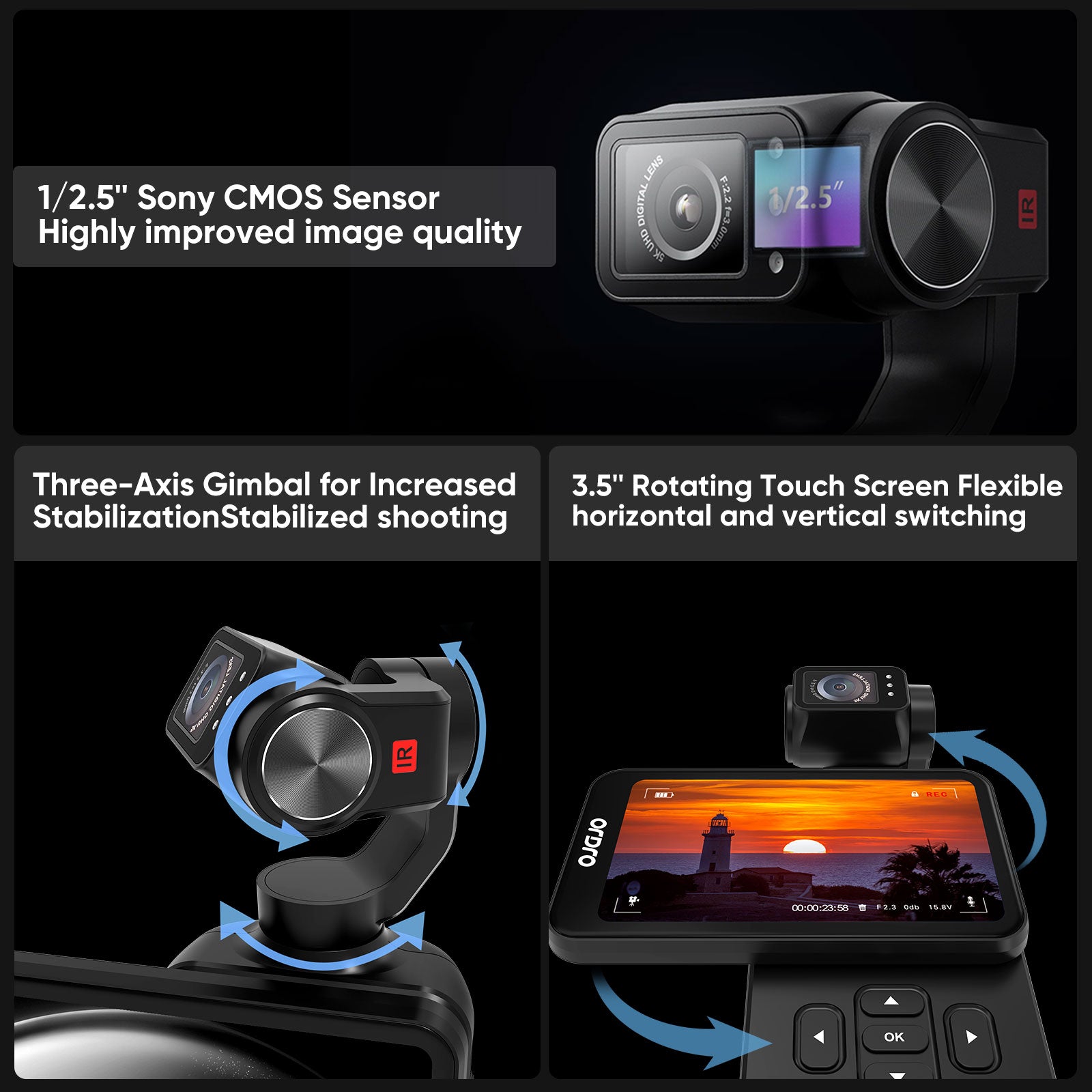 Ordro M5 5K Pocket Gimbal Camera with IR Night Vision - 3-Axis Stabilized Handheld Vlog Camcorder for YouTube