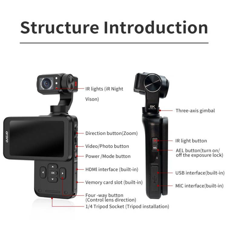 Ordro M5 5K Pocket Gimbal Camera with IR Night Vision - 3-Axis Stabilized Handheld Vlog Camcorder for YouTube