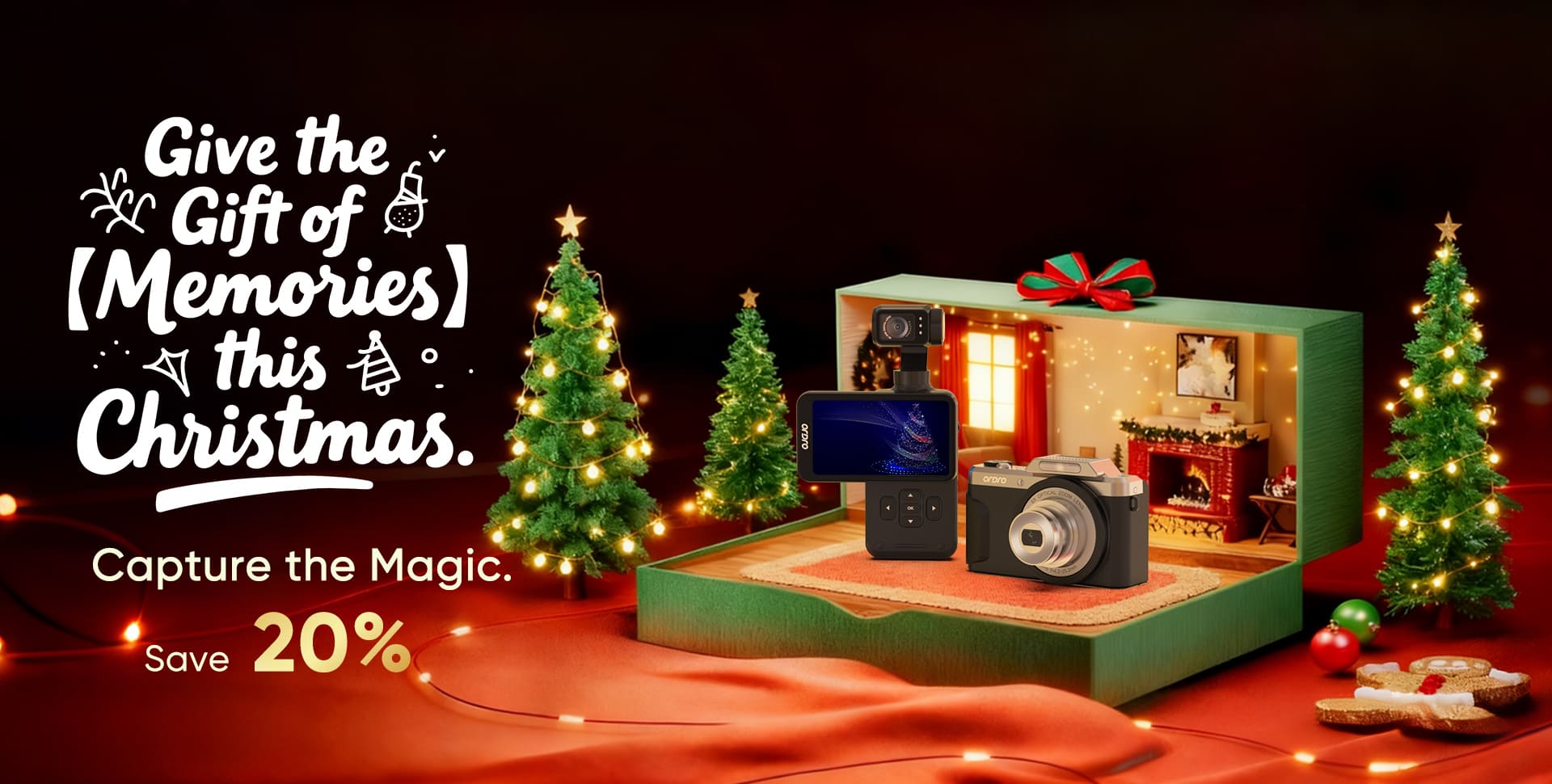 Ordro official christmas sale 2024 banner featuring 4k vlogging cameras, EP8 hands-free camcorders, and gifts for content creators