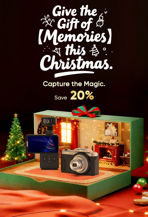 Ordro official christmas sale 2024 banner featuring 4k vlogging cameras, EP8 hands-free camcorders, and gifts for content creators