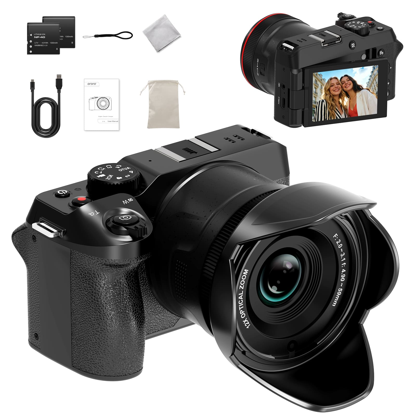 ORDRO 5K 72MP Digital Camera for Photography 16X Optical Zoom Vlogging Camera Autofocus Compact Travel Camera