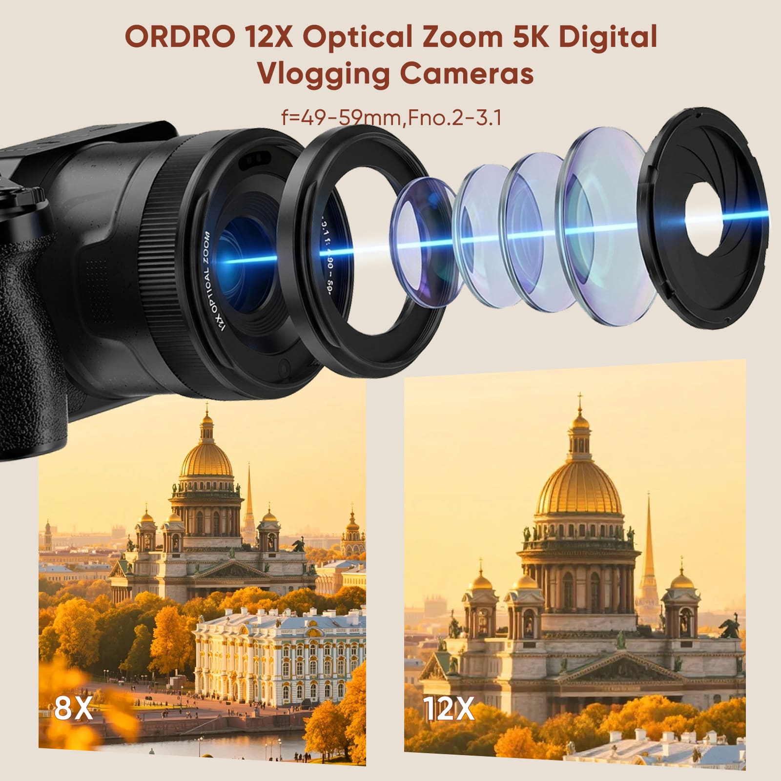 ORDRO 5K 72MP Digital Camera for Photography 16X Optical Zoom Vlogging Camera Autofocus Compact Travel Camera
