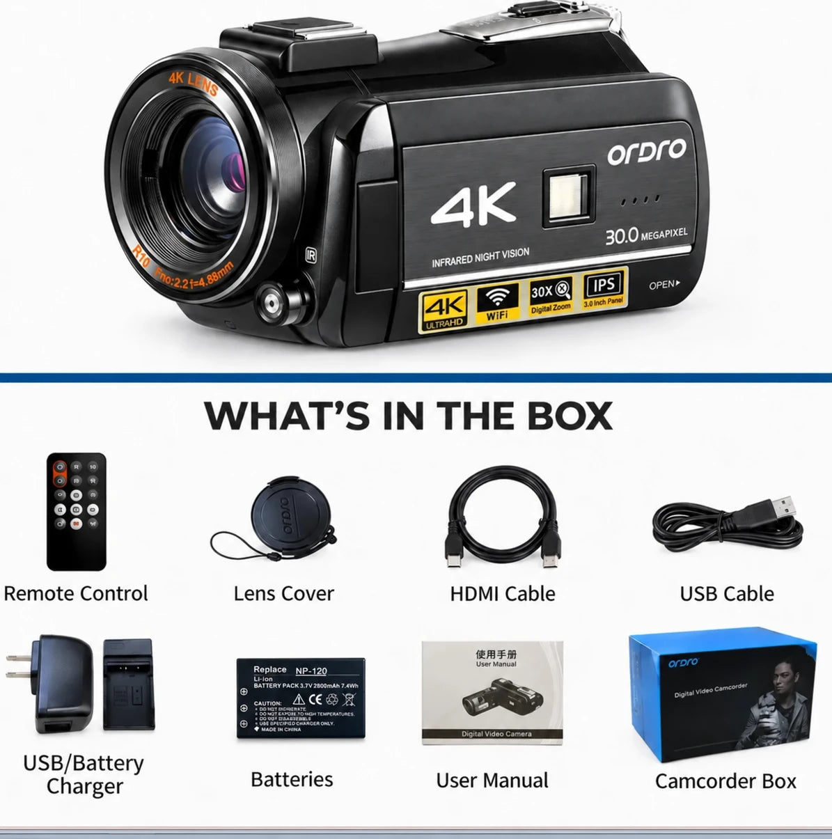 ORDRO AC3 4K camcorder package contents with remote control, lens cover, HDMI cable, USB cable, charger, battery, user manual, and retail box.