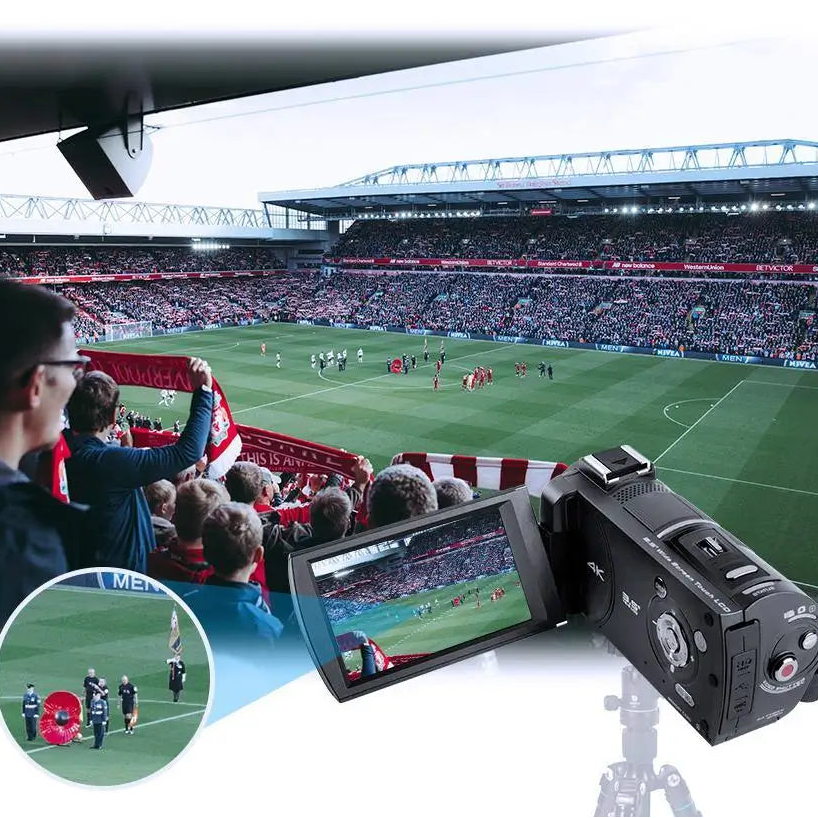 ORDRO AC5 4K camcorder demonstrating optical zoom capabilities from stadium stands during a live soccer match