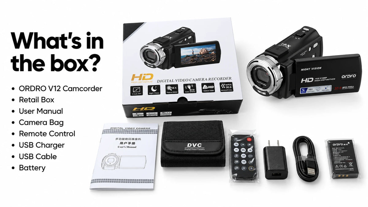 ORDRO V12 retro camcorder package contents, including the HD video camera, retail box, carrying bag, remote, battery, charger and USB cable.