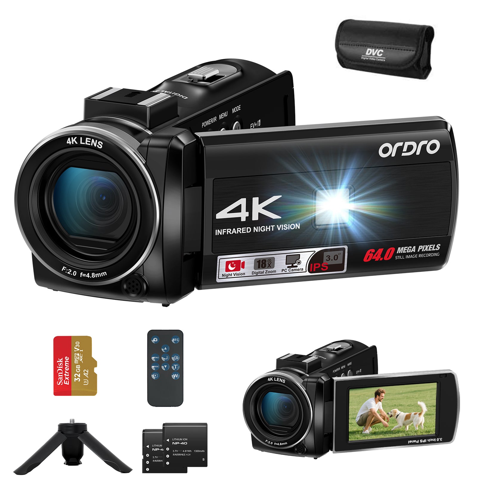 ORDRO 4K 30FPS Video Camera 64MP Photo 3” 270° Screen Digital Camcorder for Vlogging Youtube