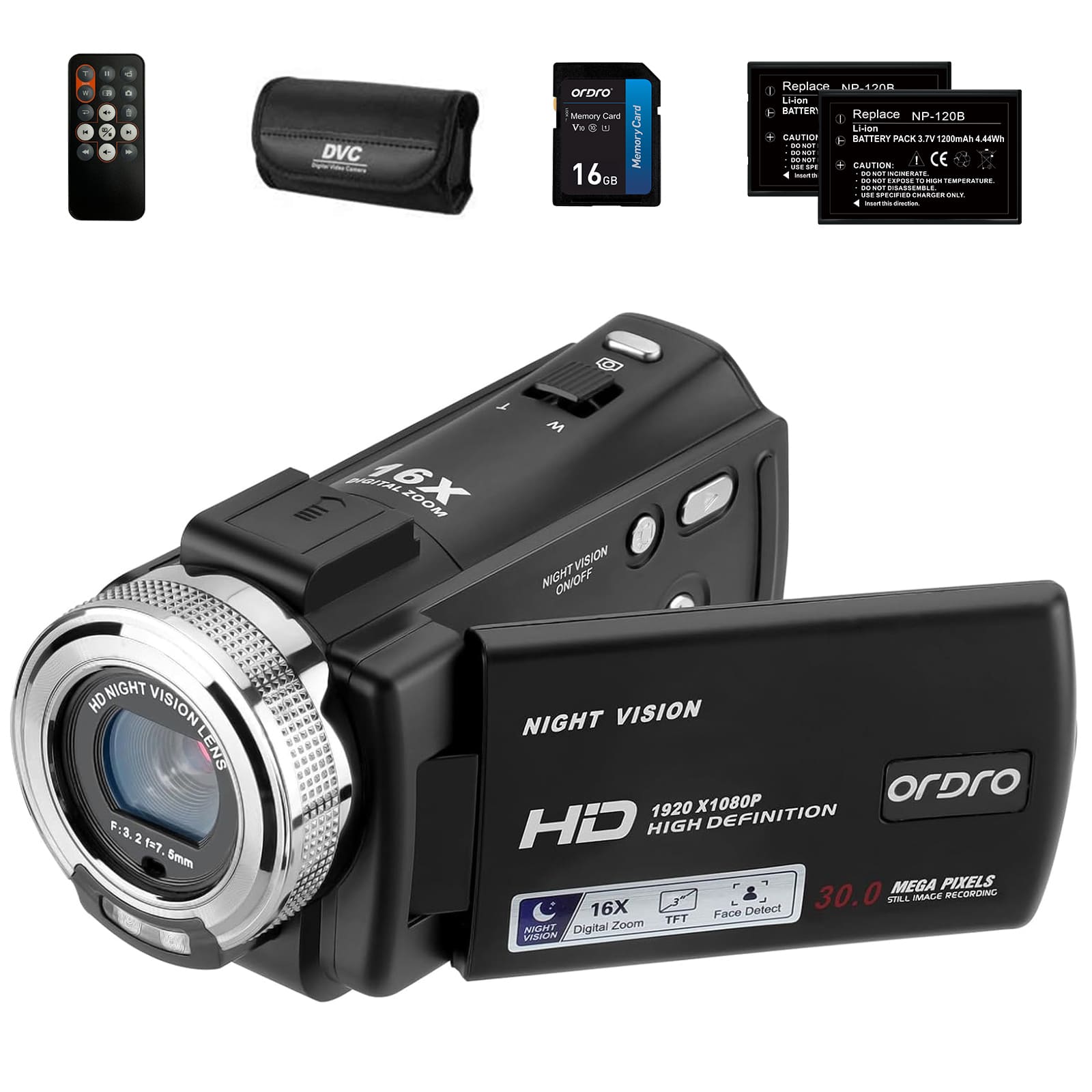 ORDRO 1080P Camcorder V12 Night Vision Video Cameras & 16X Digital