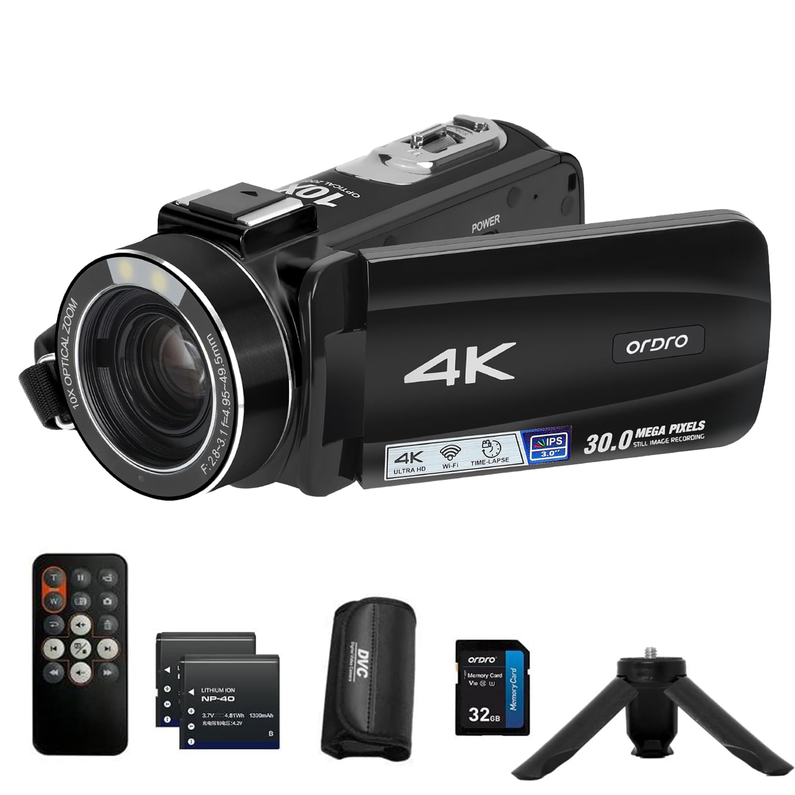 ORDRO Video Camera 4K Camcorder 30MP 10X Optical Zoom Vlogging