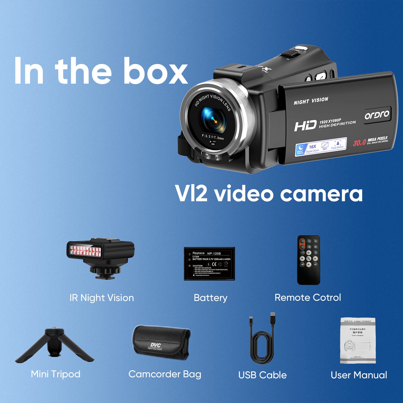 ORDRO 1080P HDV-V12 Video Camera with IR Night Vision Light Kit