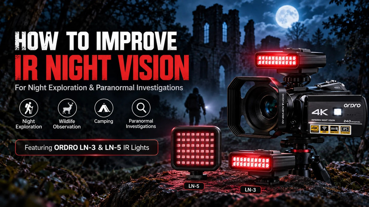ORDRO AC3 night vision camcorder with LN-3 and LN-5 infrared lights for nighttime exploration, ghost hunting, and paranormal investigations.