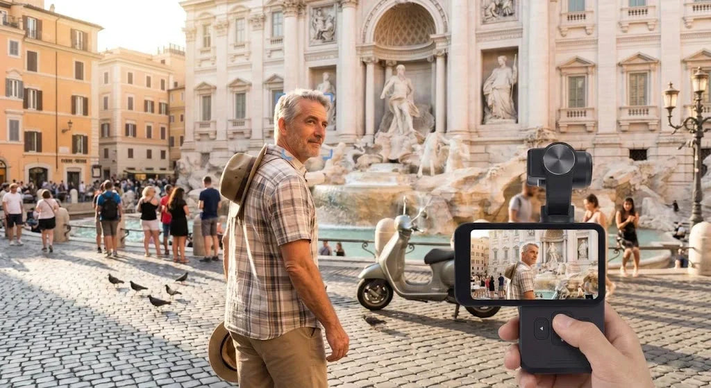 Recording a father on a European vacation in Rome using the ORDRO M5 Vlog Camera, demonstrating its smart face-tracking feature.