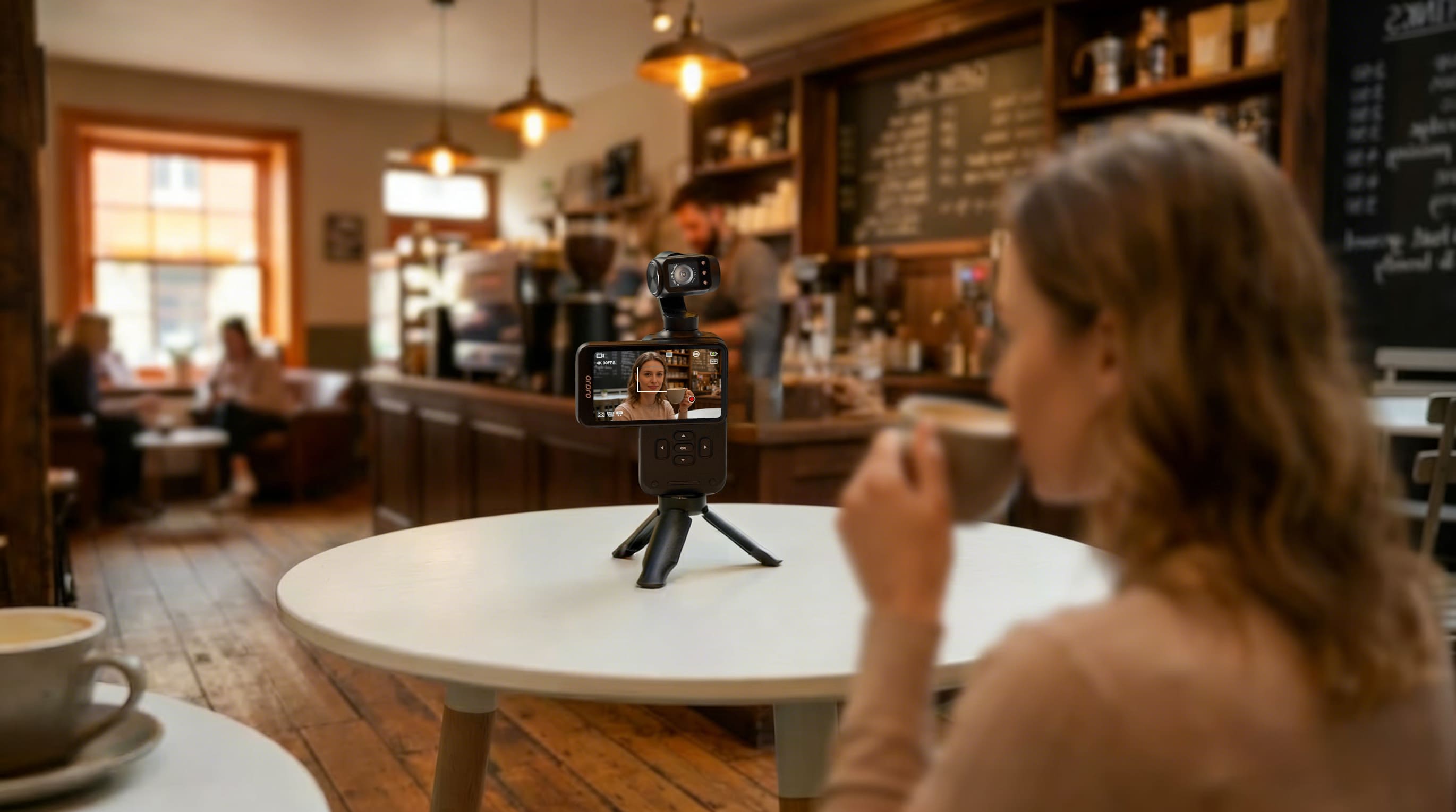 ORDRO M5 pocket travel camera recording a travel vlog in a coffee shop