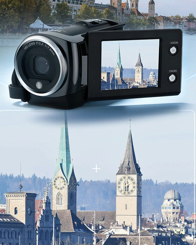 ORDRO DV-107 vlogging camera demonstrating its 16X digital zoom feature, showing a close-up of a distant clock tower across a river.