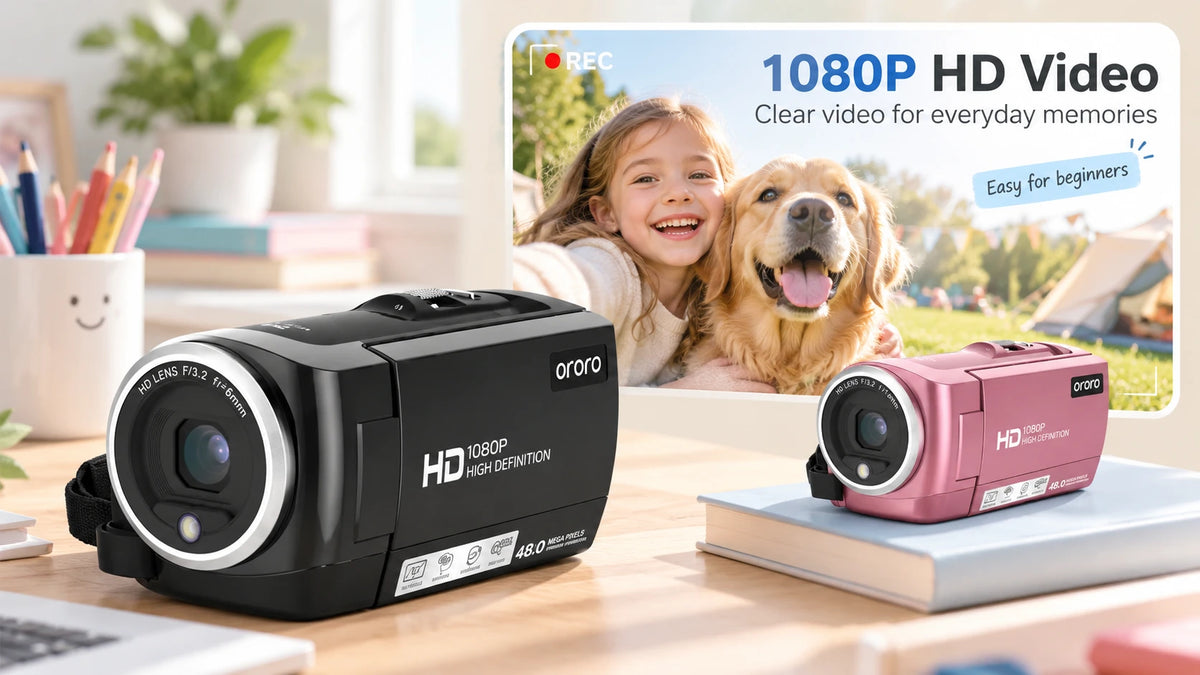 ORDRO DV-107 1080P HD camcorder in black and pink, featuring a child and dog in a family video recording scene.