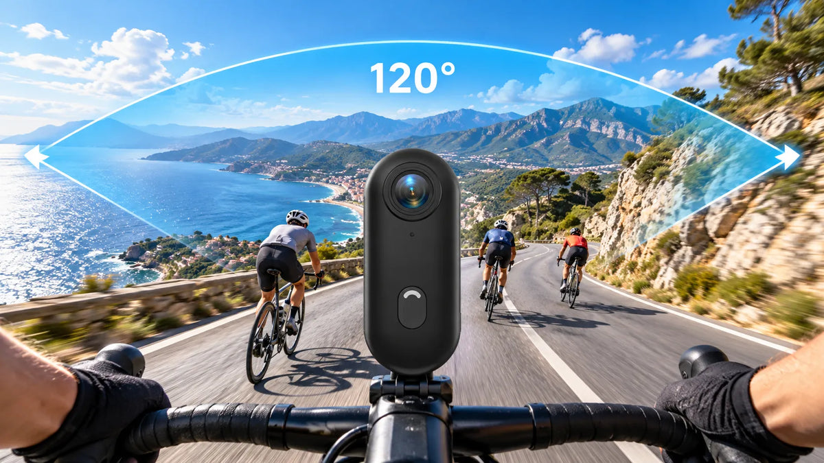 ORDRO H88 Pro 4K POV action camera showing a 120-degree wide-angle view of cyclists on a scenic coastal road