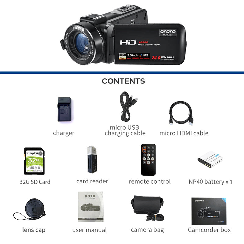 طقم كاميرات فيديو بتقنية التكبير الرقمي 16X من ORDRO HDV-Z20