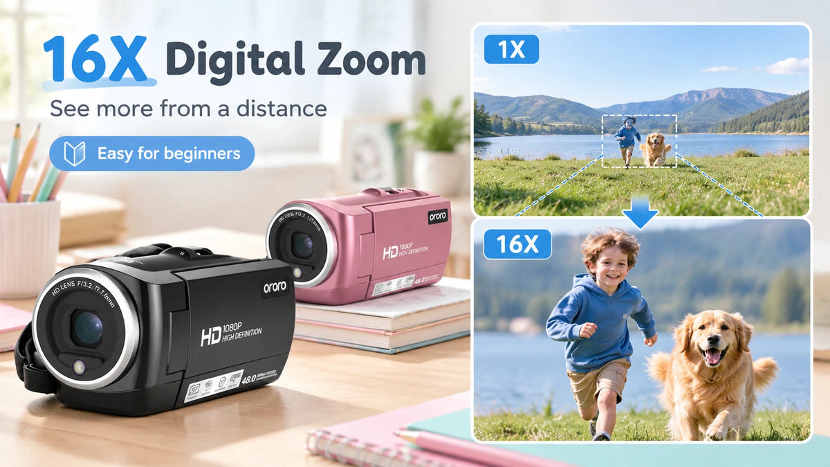 ORDRO DV-107 camcorder with 16X digital zoom, showing a 1X and 16X view of a child and dog playing outdoors.