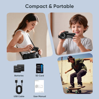 ORDRO Video Camera Digital Camcorder 48MP 16X Zoom Vlogging Camera for YouTube with 16G Card