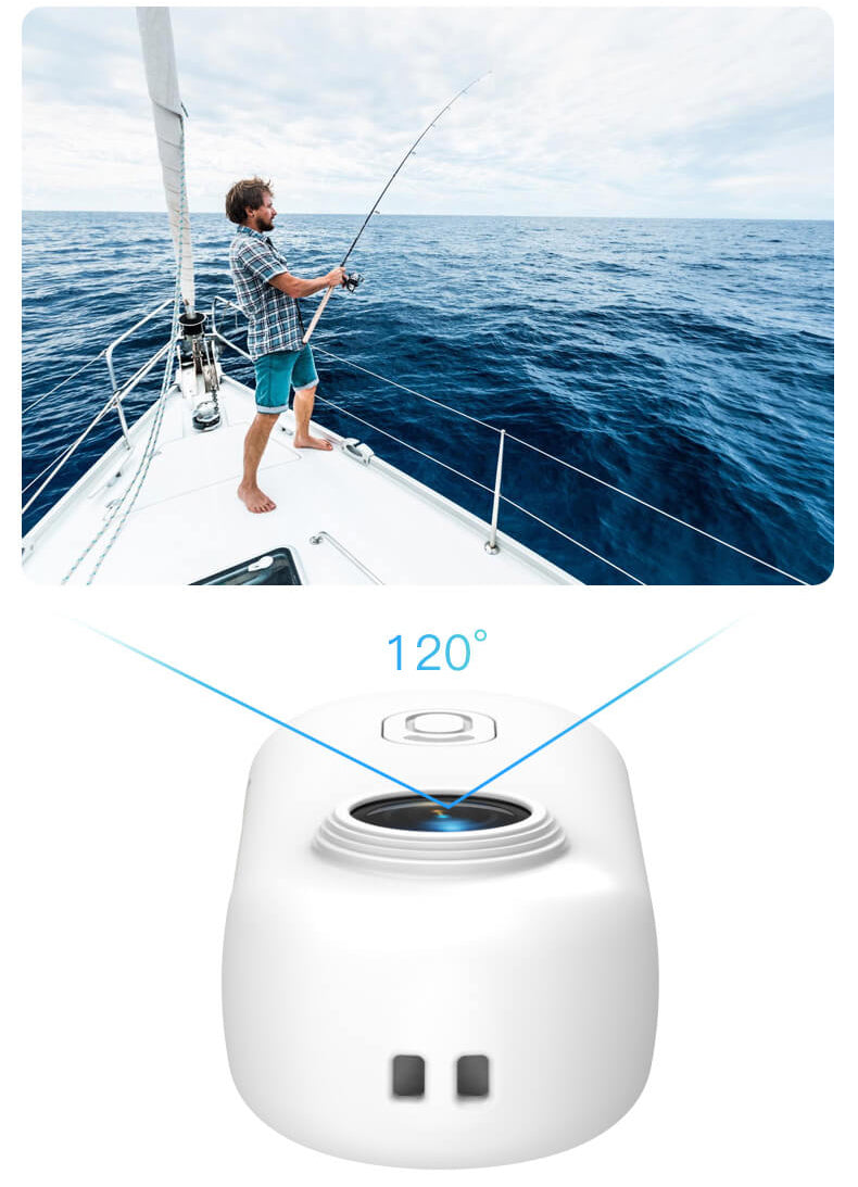 H88 Pro 4K mini thumb action camera featuring 120-degree super wide-angle lens capturing ocean fishing POV scenes