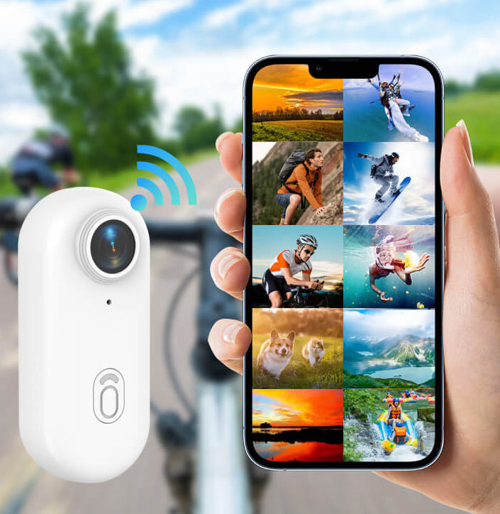 H88 Pro mini action camera with built-in Wi-Fi connecting to smartphone for instant video downloading and social media sharing