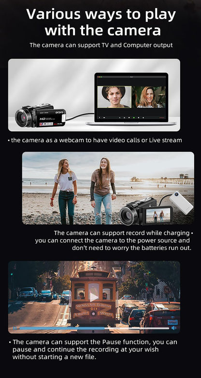 ORDRO B320 Video Camera Camcorder Full HD 1080P 30FPS 30MP 3.0 Inch 270 Degree Rotation LCD 18X Digital Zoom Recorder