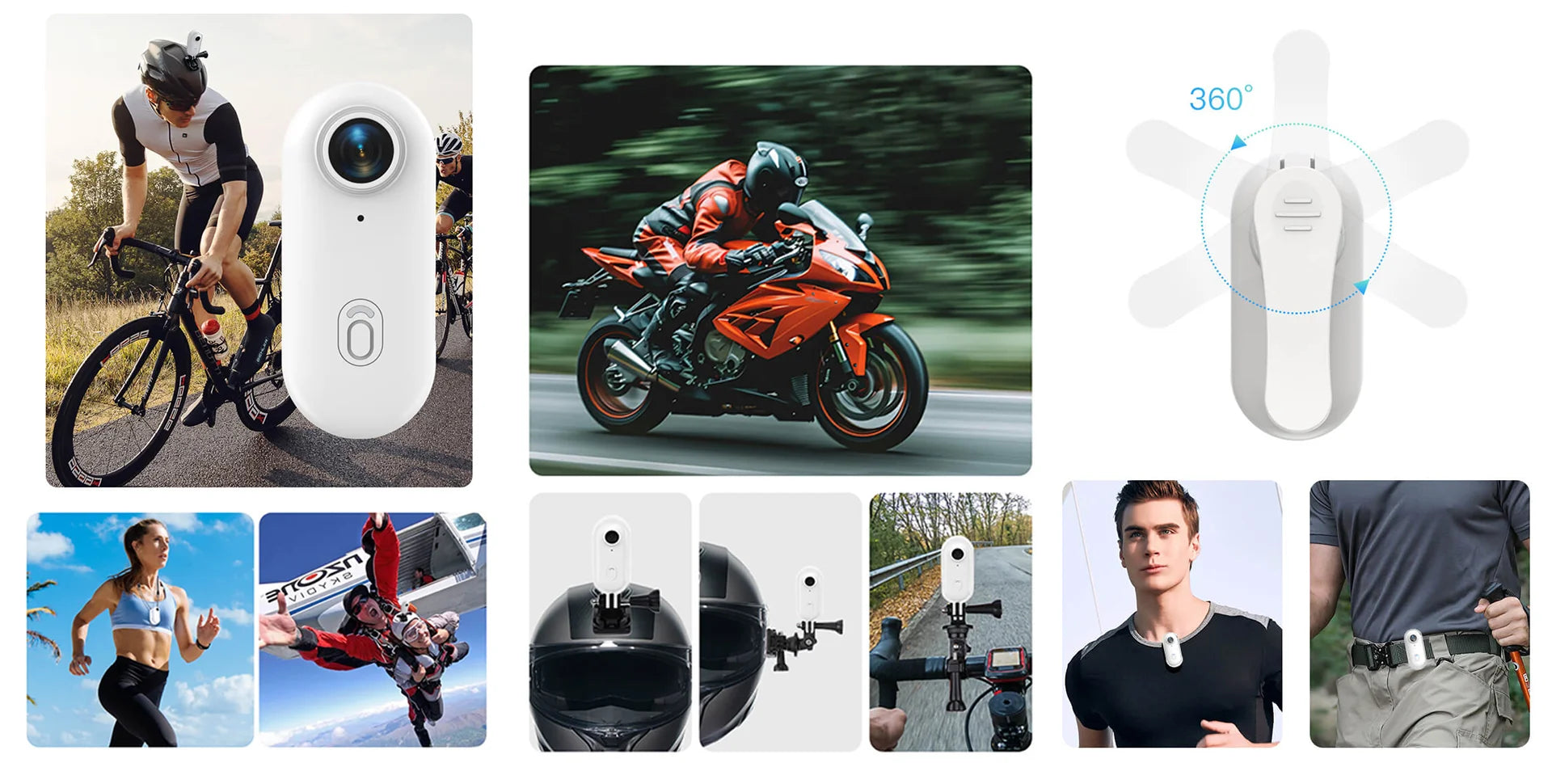 H88 Pro versatile mini action camera showcasing multiple multi-scenario mounts including bicycle, motorcycle, helmet, chest, and 360-degree rotation for sports recording