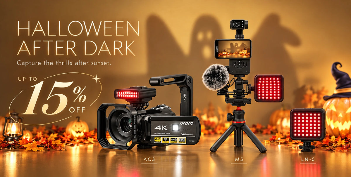 ORDRO Halloween After Dark sale featuring the AC3 night vision camcorder, M5 camera setup, and LN-5 infrared night vision light, with up to 15% off selected gear.