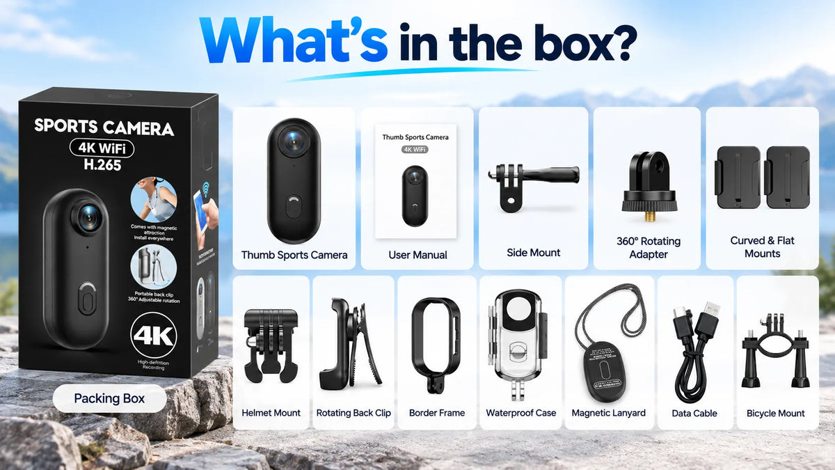 ORDRO H88 Pro 4K mini wearable action camera with retail packaging, waterproof case, magnetic lanyard, helmet mounts, bicycle mount, and included accessories.