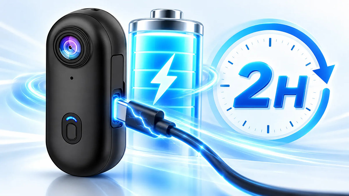 ORDRO H88 Pro 4K mini action camera with USB charging cable and up to 2 hours of battery life