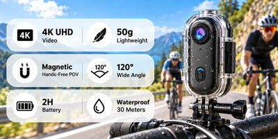 ORDRO H88 Pro 4K wearable action camera with 50g lightweight design, magnetic POV mounting, 120-degree wide angle, and waterproof case