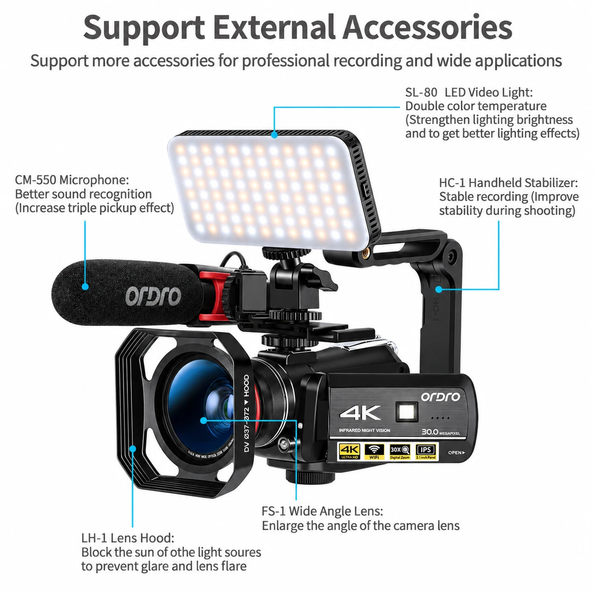 ORDRO  4K WiFi Digital Video Camera  AC3 Ultra HD 60FPS Infrared Camcorder With 30X Digital Zoom & IR Remote Controlled - Ordro