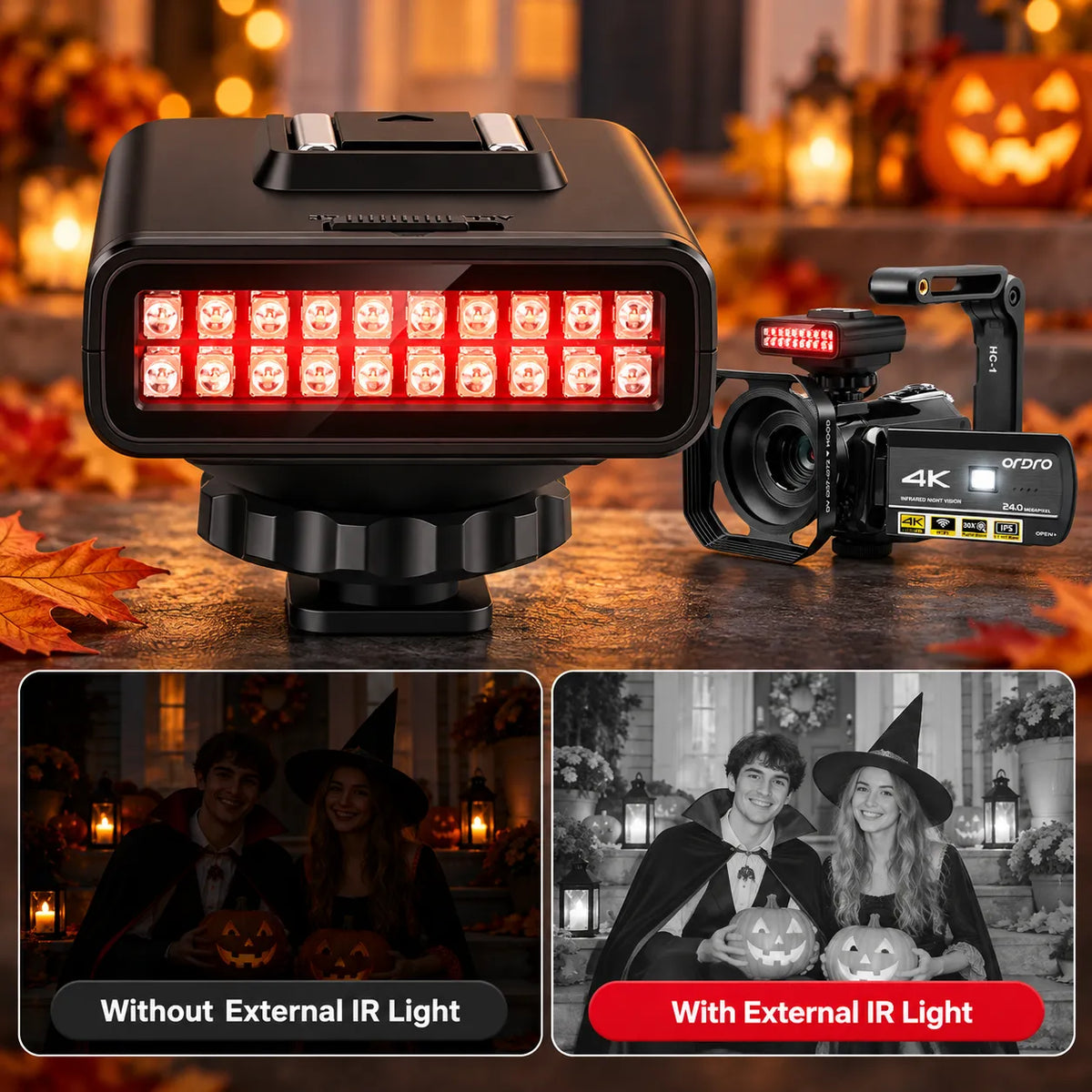 ORDRO LN-3 external IR night vision light mounted on a camcorder, with a Halloween scene comparing footage with and without infrared illumination.
