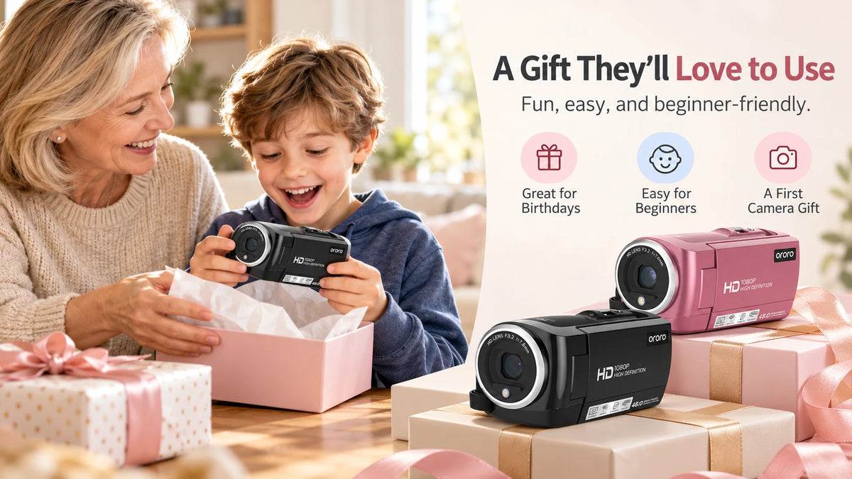ORDRO DV-107 beginner camcorder gift for kids and students, showing a grandmother and child enjoying a new camera together.