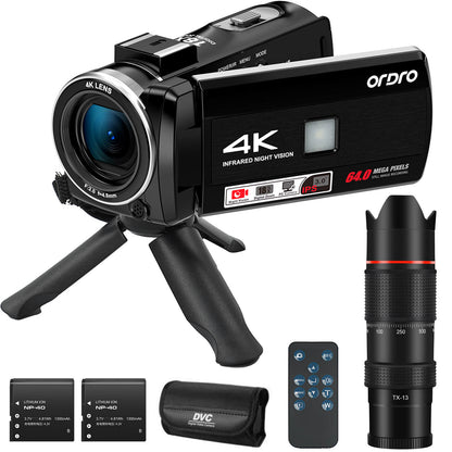 ORDRO 4K Video Camera Digital Camcorder 64MP Vlogging Camera for YouTube with Telescope