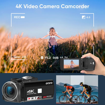 ORDRO 4K Video Camera Digital Camcorder 64MP Vlogging Camera for YouTube with Telescope