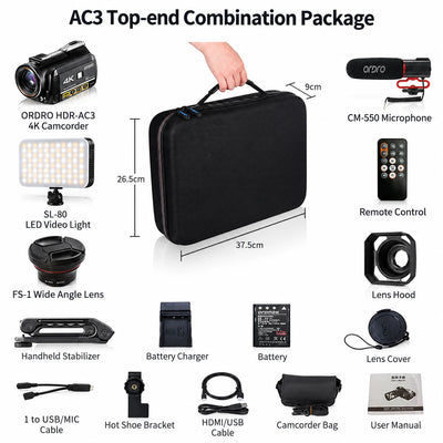 ORDRO AC3 4K camcorder accessory kit with microphone, LED video light, wide-angle lens, handheld stabilizer, remote contro, battery and carrying case.