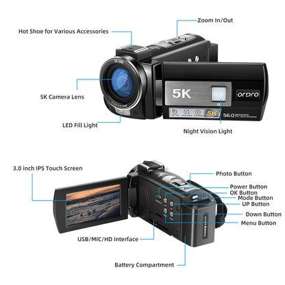 ORDRO 5K Video Camera Camcorder 56MP IR Night Vision Vlogging Camera 18X Digital Zoom + Wide Angle