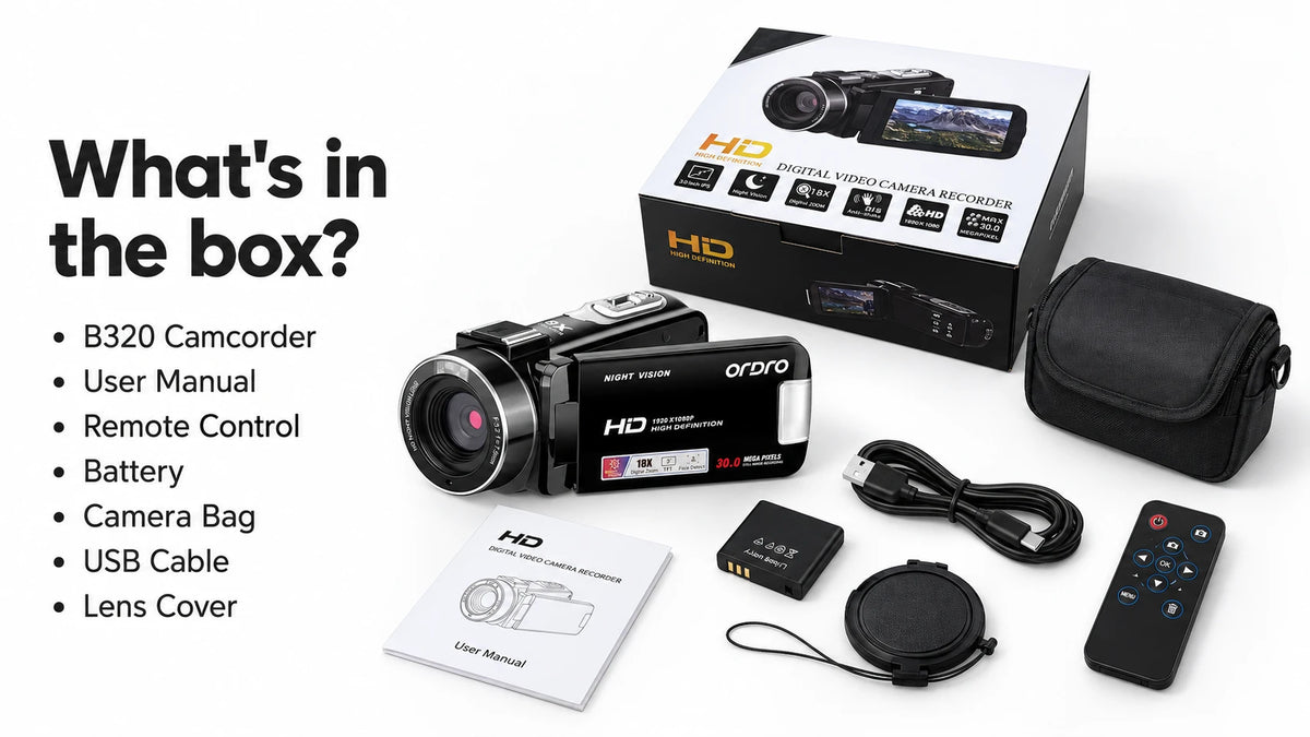 ORDRO B320 1080P HD night vision camcorder package contents, including camera, battery, remote control, USB cable, lens cover, user manual and carrying bag.